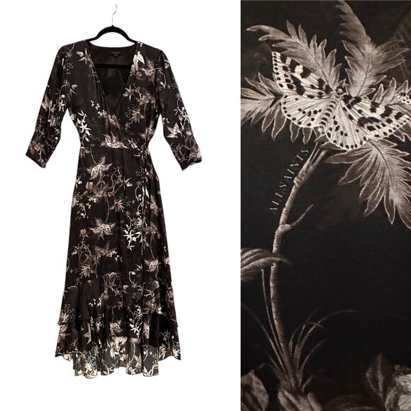 All Saints Tage Evolution Wrap Dress UK Medium US 6/8 Silk Butterfly Flower - Picture 2 of 11